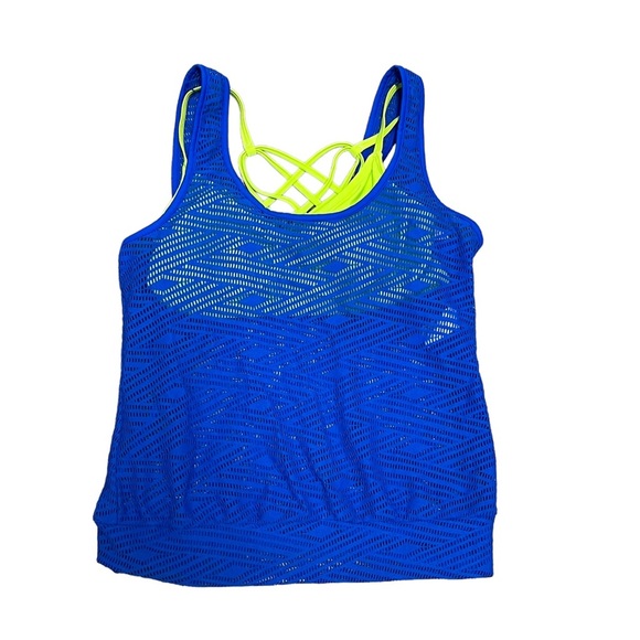 NWT GO by Gossip Sporty Splice Tankini Small Swimsuit Top Sports Bra Blue Lime - Picture 11 of 16